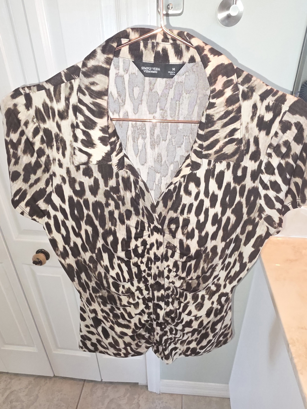 Simply Vera Vera Wang Black and Taupe Leopard Print Button-Front Blouse